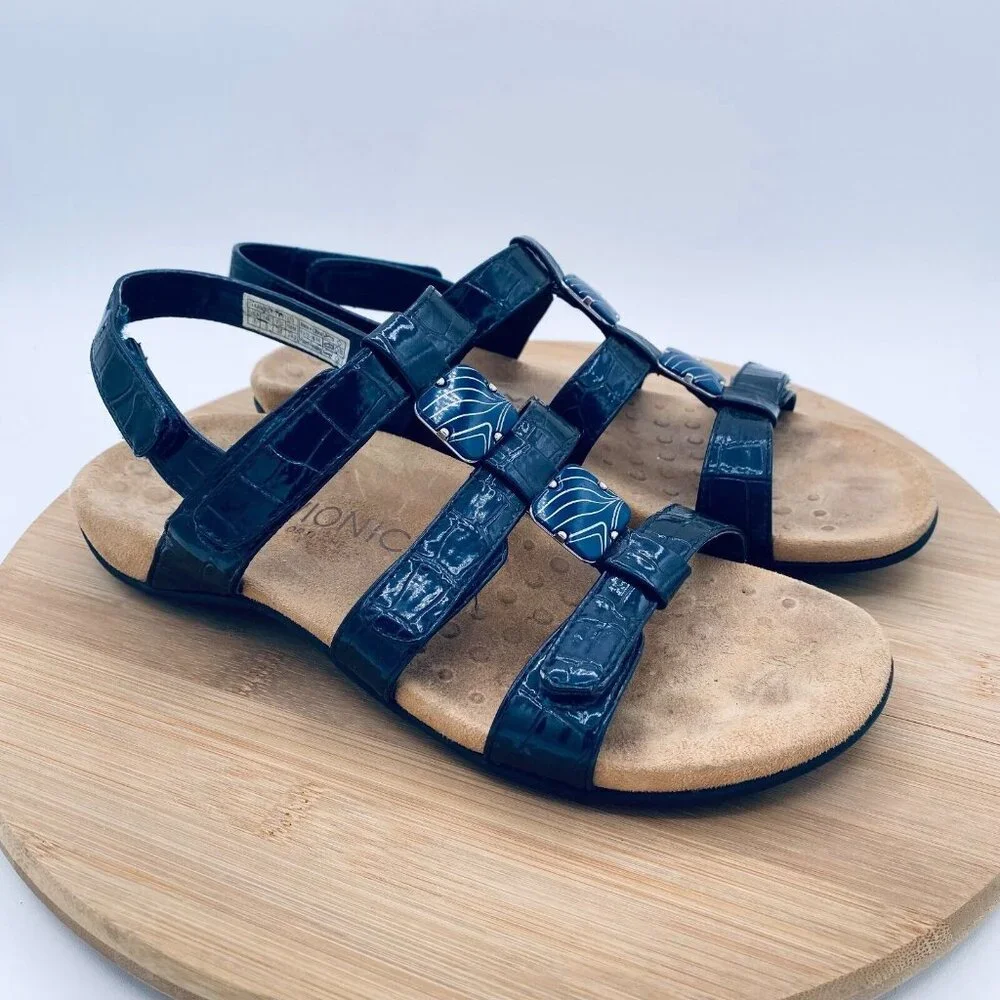 Vionic Amber Sandals Womens 7 38 Blue Leather Comfort Ankle Strap Flats
